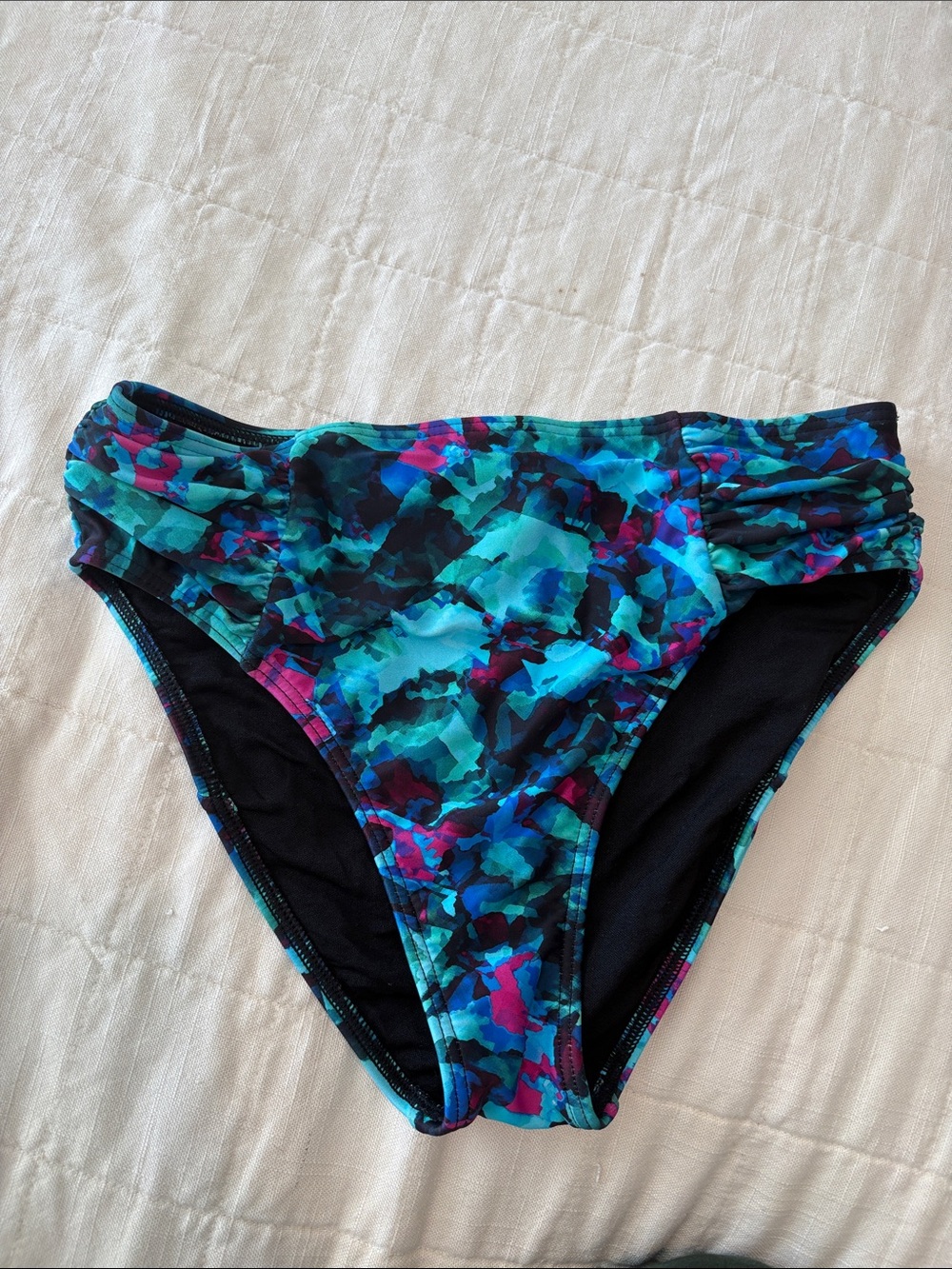 High-Rise Floral-Pattern Bikini Bottom in Teal & Blue